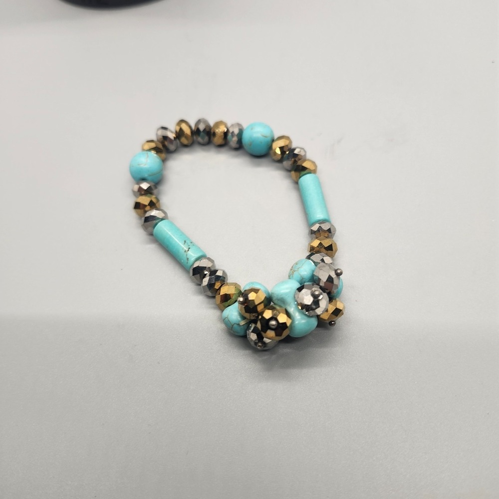 BRACELET BLUE GREEN FAUX TURQUOISE‎ METALLIC BEADS STRETCH VINTAGE